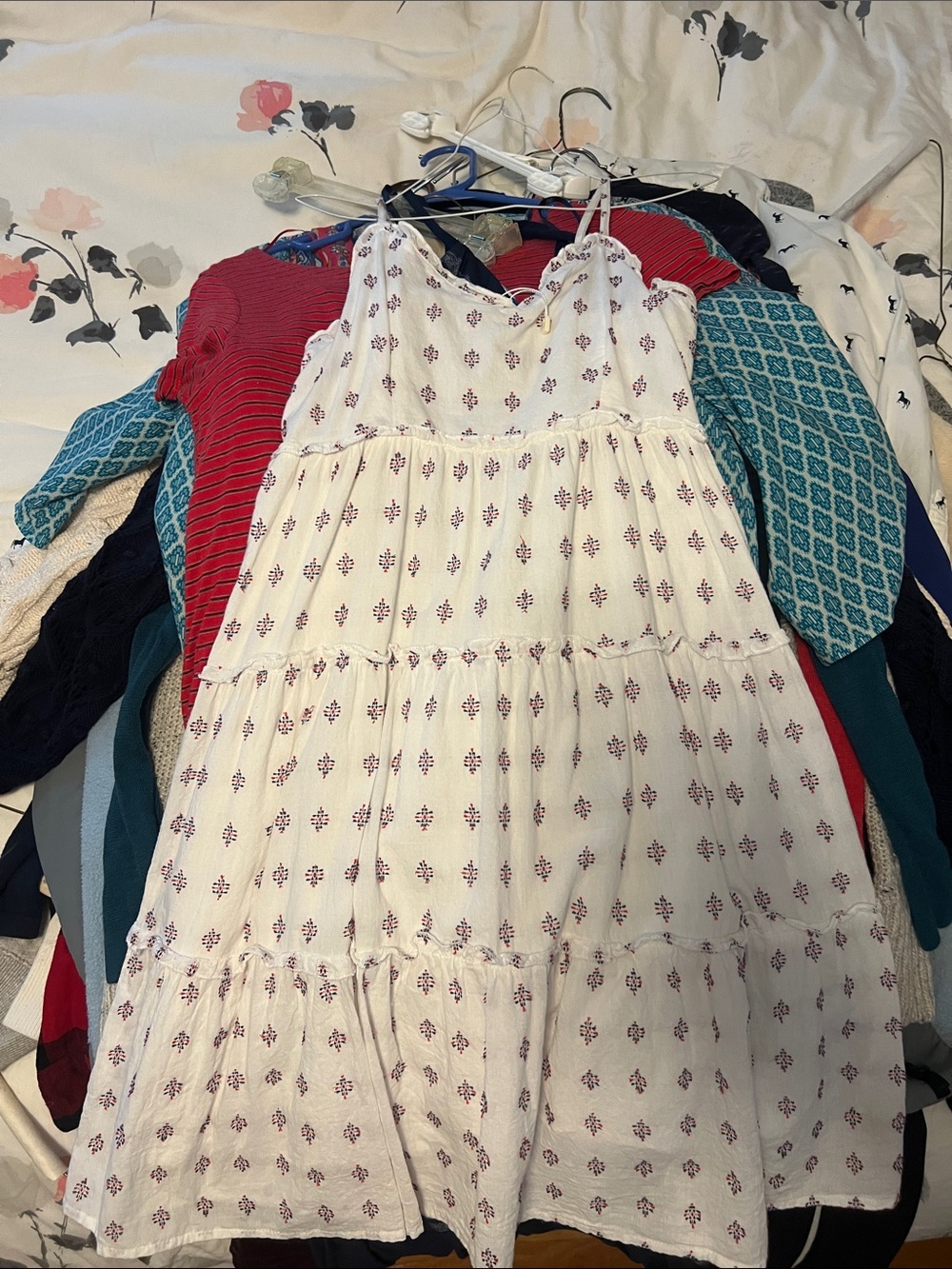 White Mini Dress with red white and blue design Lightweight Tiered Sundress